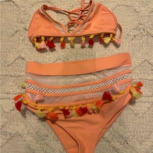 Tularosa Peach Mesh Panel Tassel High Waisted Bikini Set Size S/M